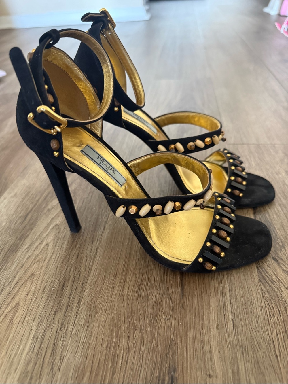EU 39 Authentic Prada Black Suede Ankle-Strap Heels with Gold Stud Detailing - Picture 2 of 4